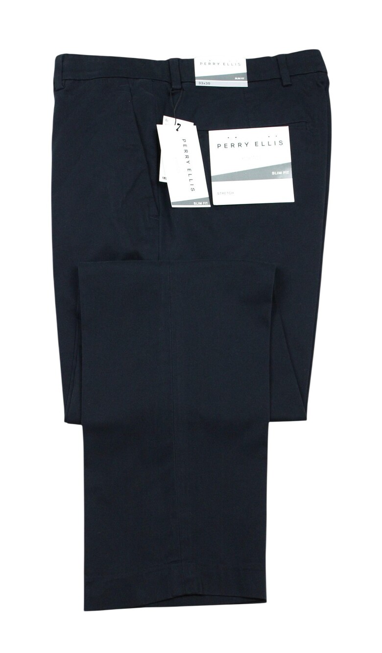 Perry Ellis Portfolio Pants Mens 36x30 fits 35 Dark Blue Slim Fit Stretch Chino